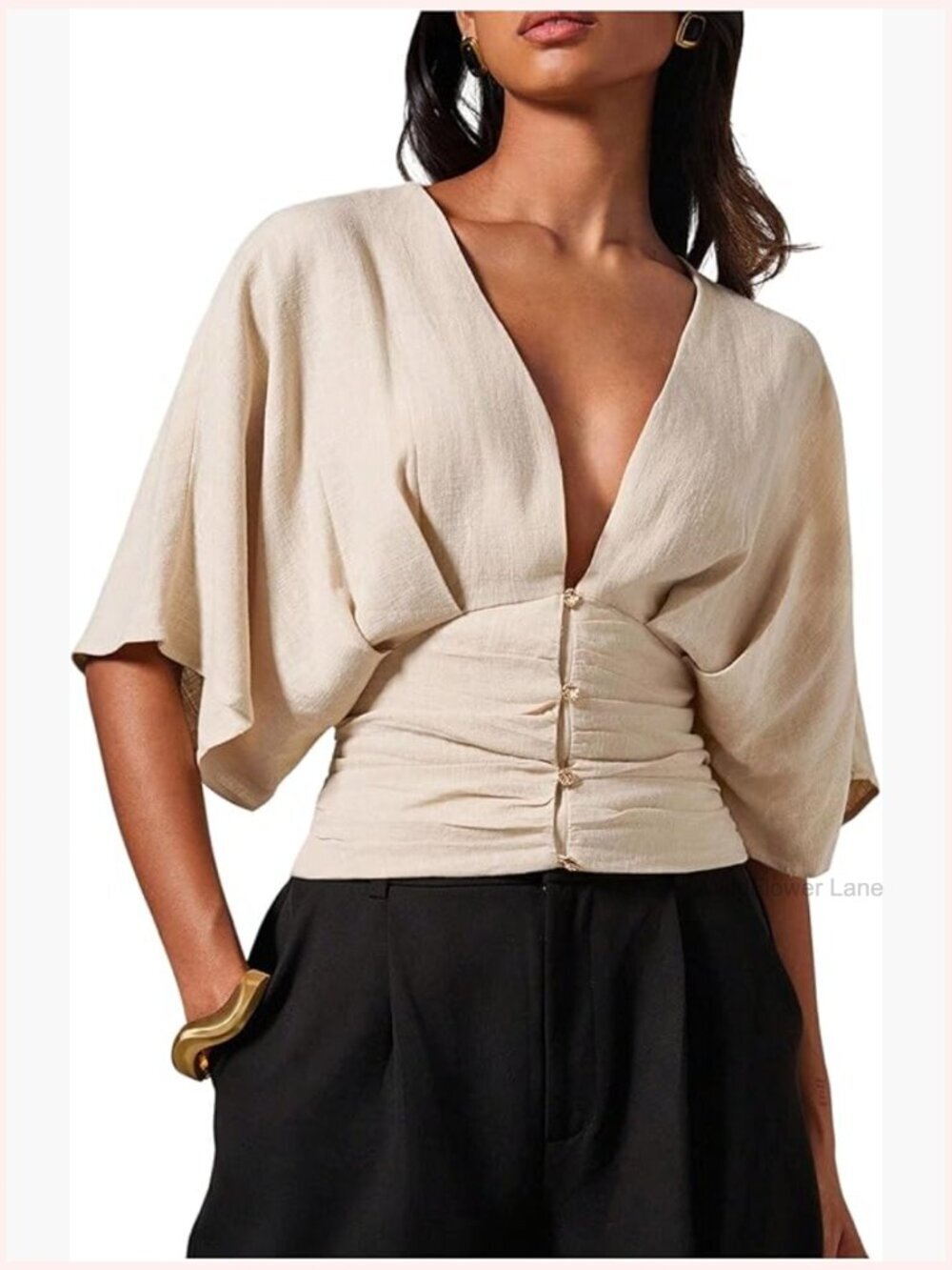 Elegant Ruched Blouse Deep V Neck Dolman Sleeve Crop Top